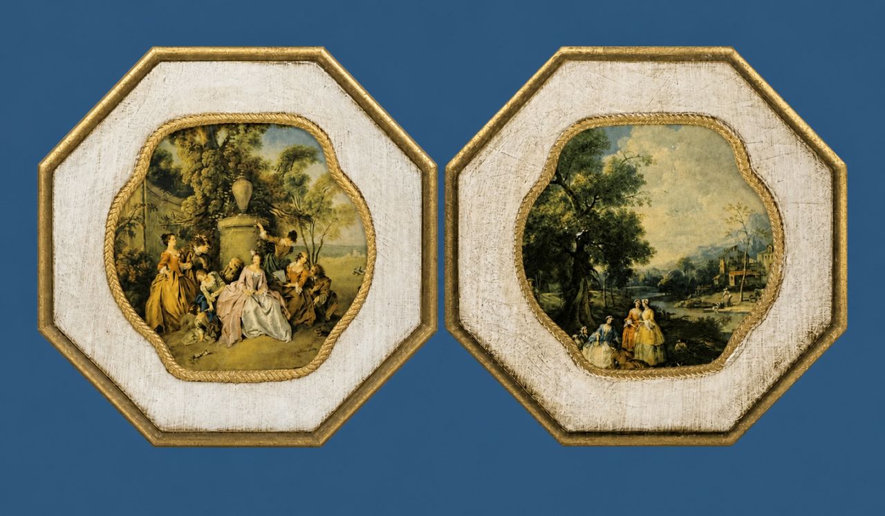 Octagonal Miniature Roundels (Pair) by Artists unconfirmed; one scene traditionally associated with Nicolas Lancret