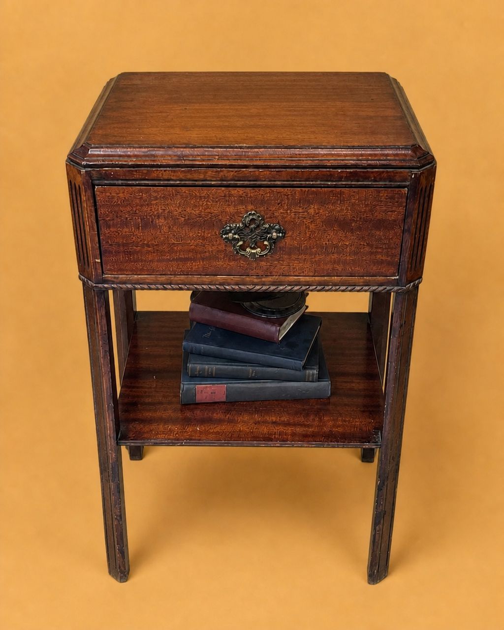 Wooden Side Table with Drop-Front Drawer by Maker unrecorded