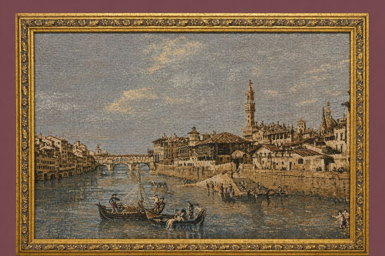 Framed Textile Cityscape by Maker unrecorded