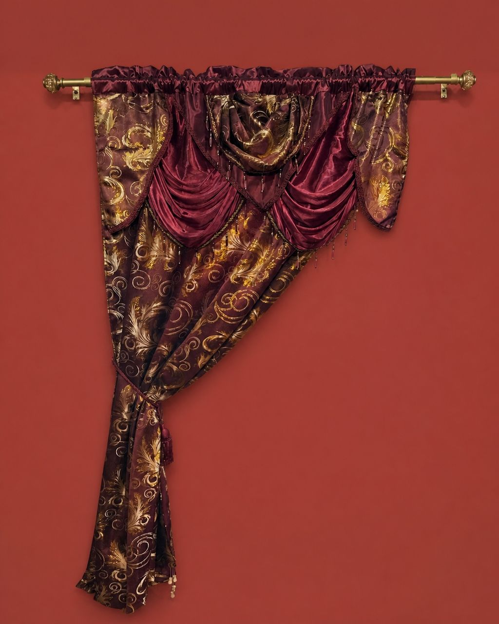 Burgundy and Gold Curtain Treatment by Maker unrecorded