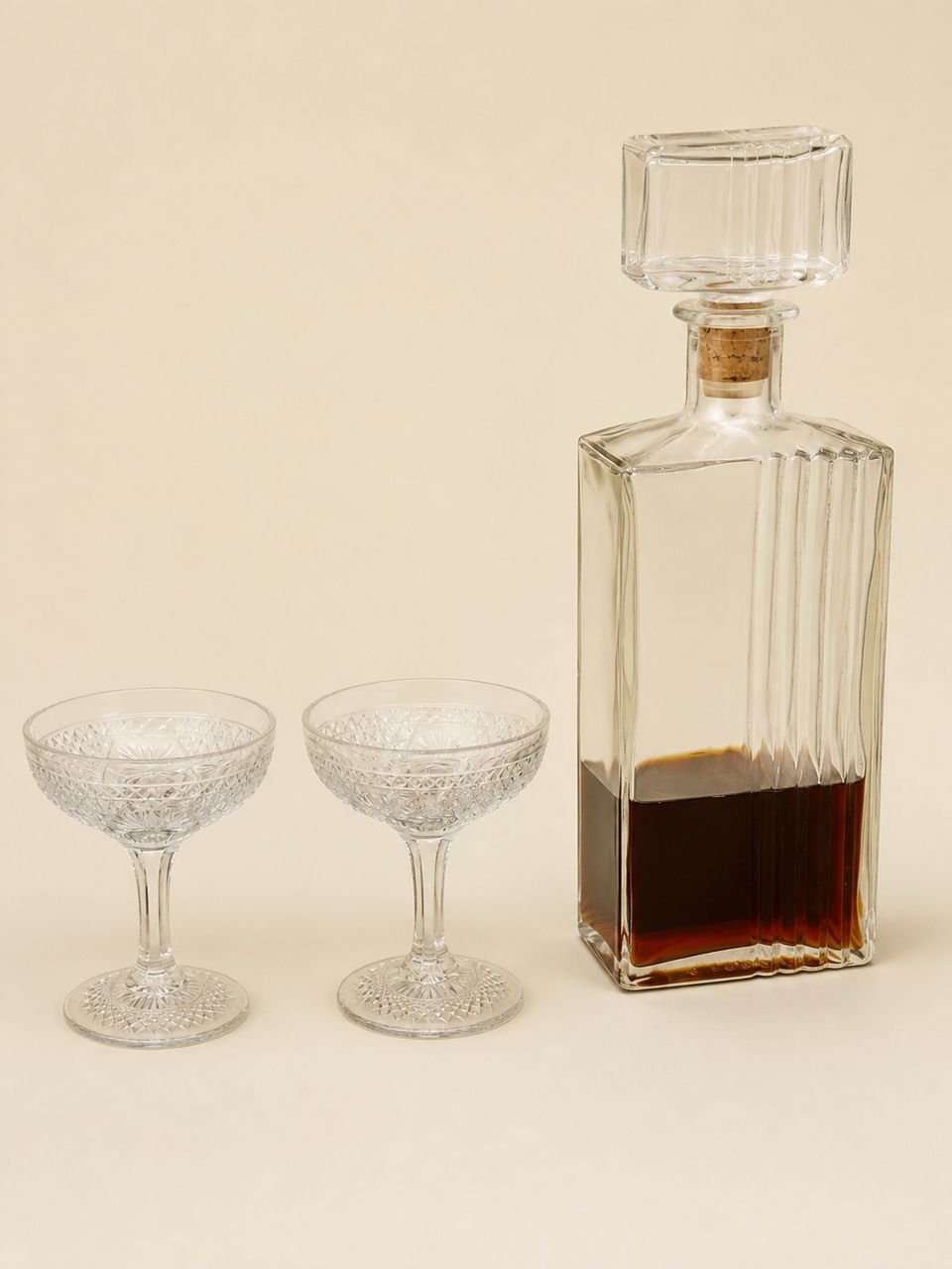 Cut-Pattern Glass Decanter and Coupe Pair by Makers unrecorded