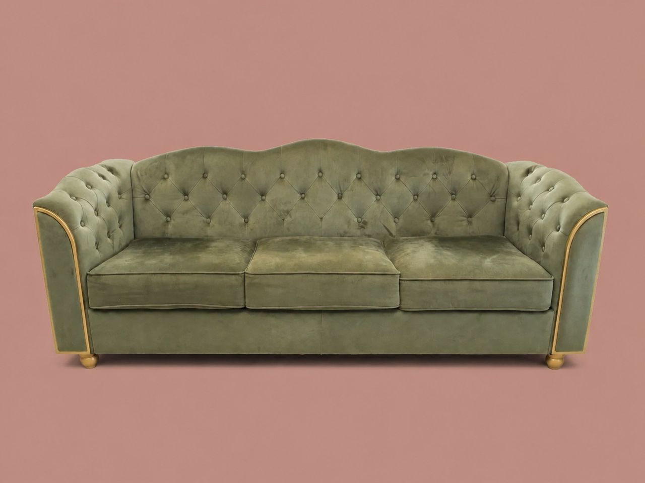 Sage-Green Tufted Velvet Sofa by Maker unrecorded