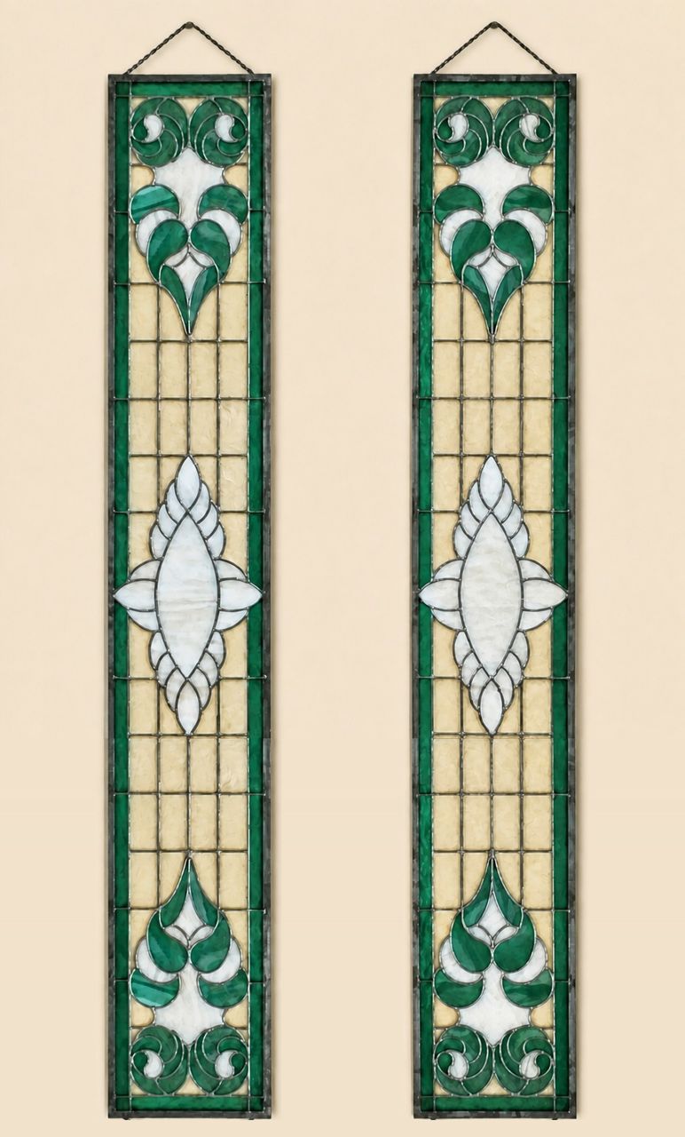 Green and White Stained-Glass Panels (Pair) by Maker unrecorded