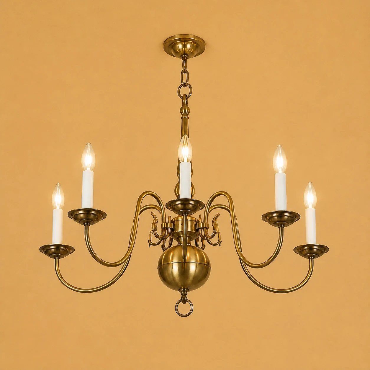 Brass Candle-Arm Chandelier by Maker unrecorded